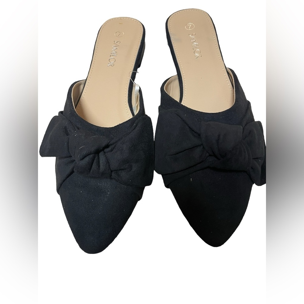 Black suede mule pointed toe flat with tie on the top